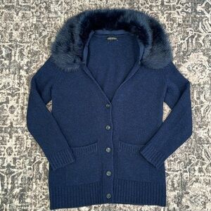 Women’s Banana Republic Merino Wool‎ Blend Navy Faux Fur Cardigan • Size Small